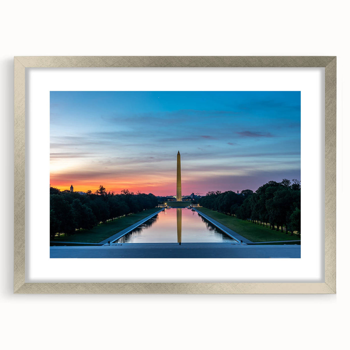 Textured art print of Washington DC monument in muted gray tones on framed silver mat, suitable for bedroom art.