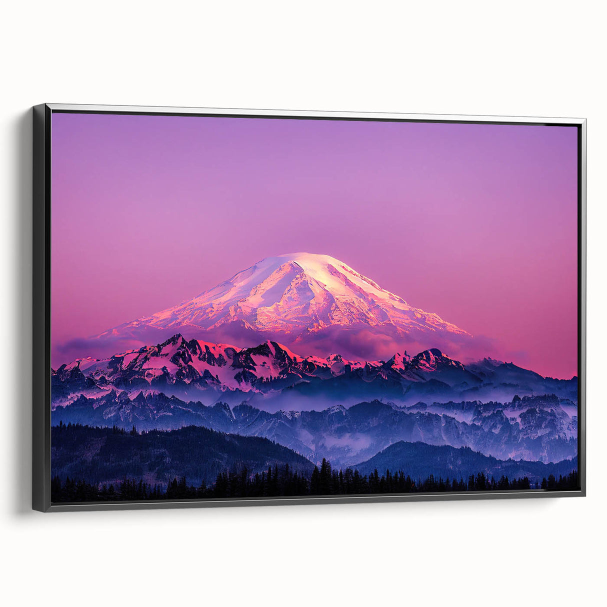 Black and white framed canvas of Mount Rainier landscape, ideal for bedroom wall art.