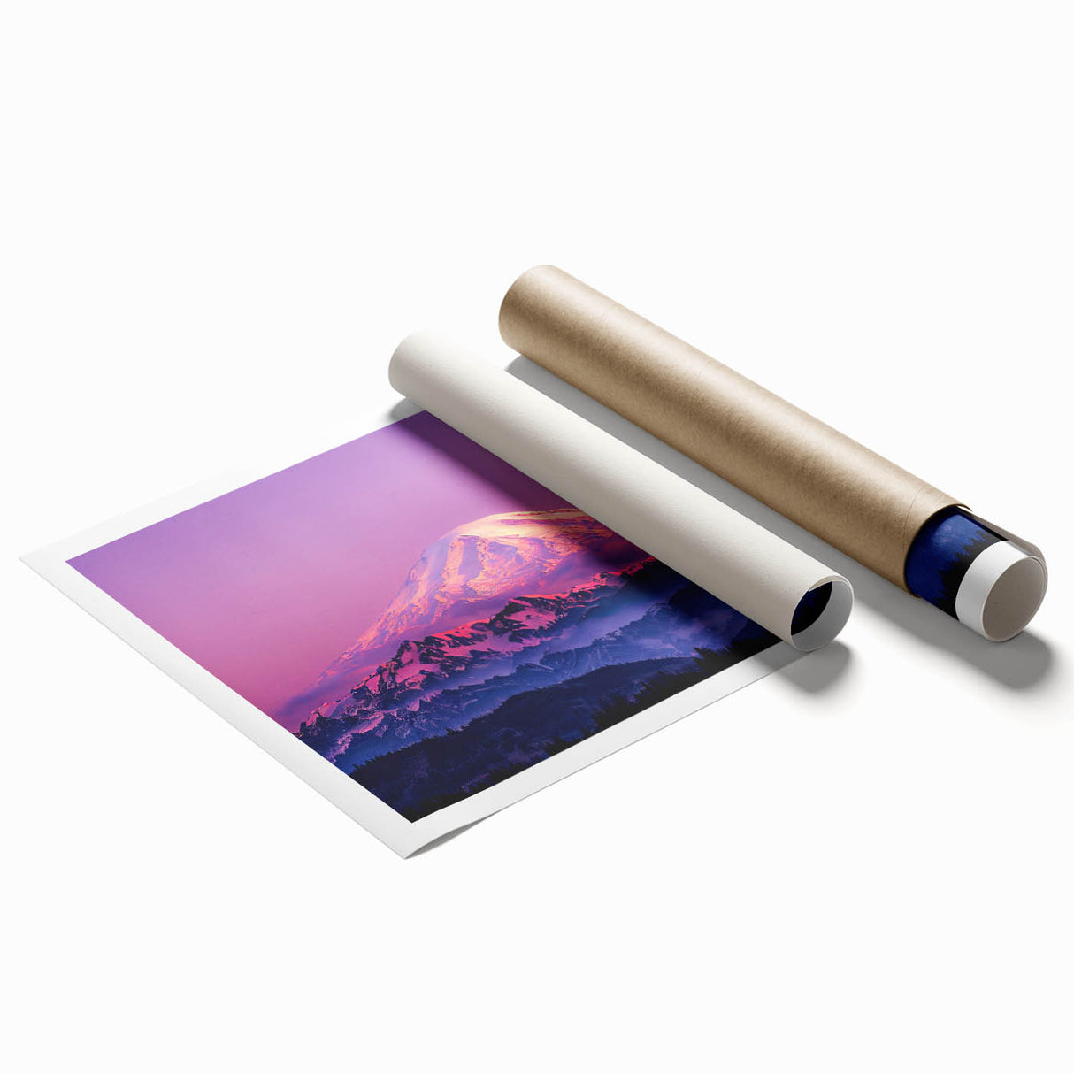 Extra large rolled print of Mount Rainier with muted green and blue tones, ideal for classy bathroom wall art.