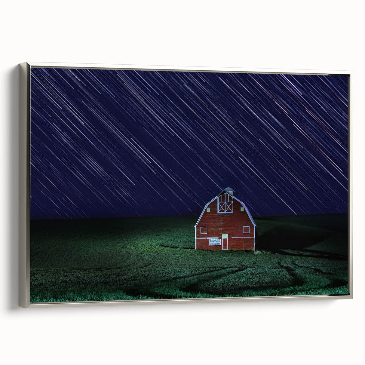 Landscape art painting depicting the rolling hills of Palouse, USA on a framed canvas with a silver border.
