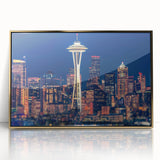 Framed acrylic print of Seattle skyline in muted gold and gray tones, suitable for modern art wall decor.