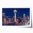Seattle skyline with pastel sunset hues on rolled canvas, ideal for art wall dining room.