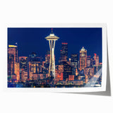 Seattle skyline with pastel sunset hues on rolled canvas, ideal for art wall dining room.