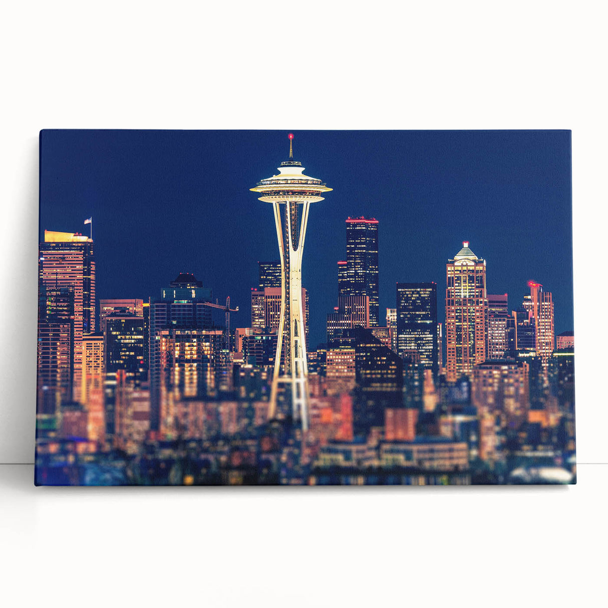 Black and white large art print of the Seattle skyline on stretched canvas, ideal for kitchen wall art or bedroom ambiance.
