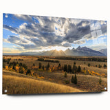 Acrylic print of the Grand Tetons with soft blue and green tones, suitable for bedroom or dining room decor.