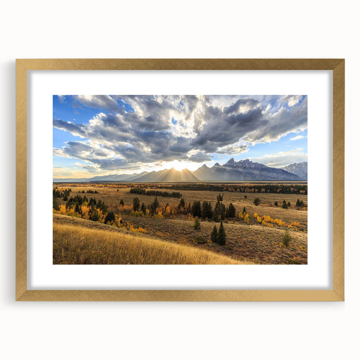 Extra large wall art depicting the Grand Tetons with textured abstract prints in gold frame, suitable for living room decor.