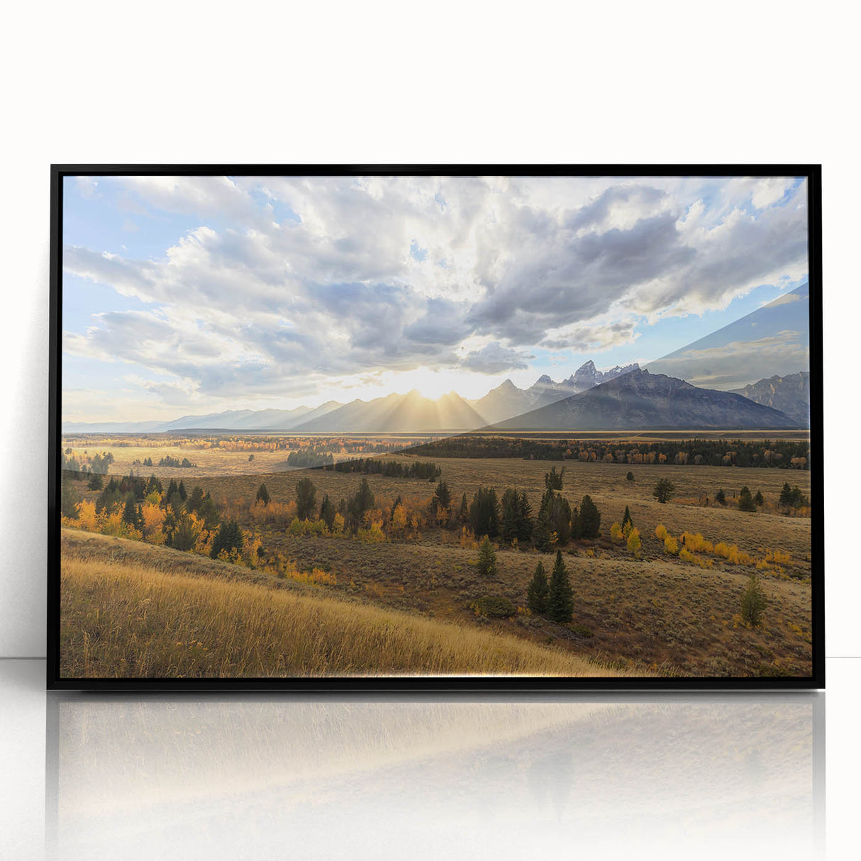 Large abstract wall art depicting the Grand Tetons in muted earth tones on a framed acrylic.