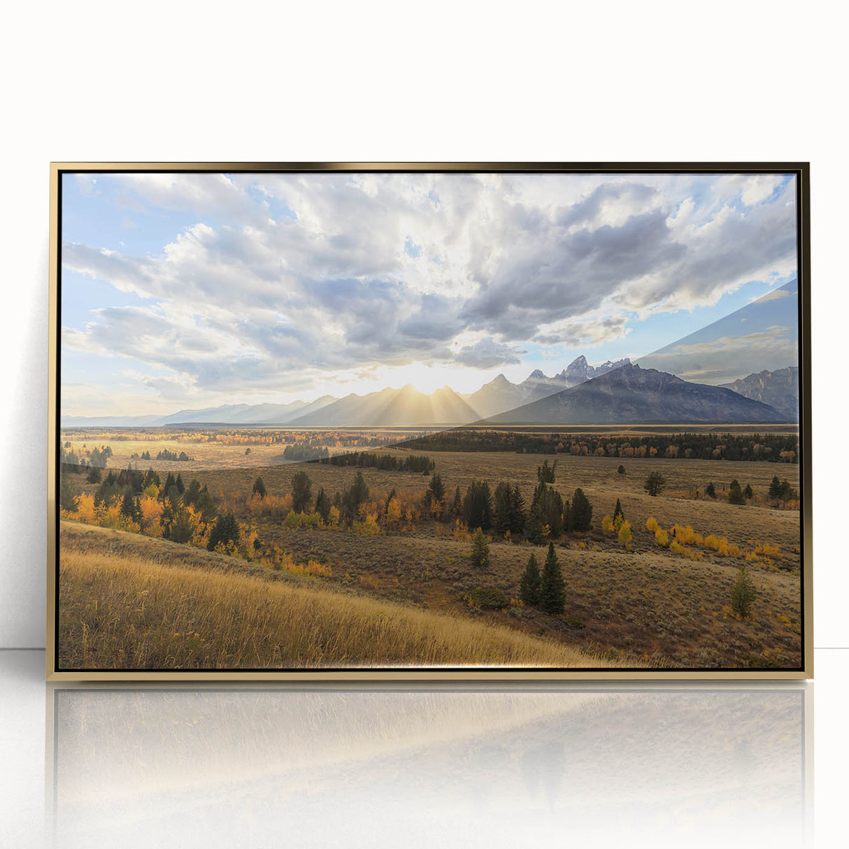 Framed acrylic print of the Grand Tetons under a clear sky, in muted earth tones, ideal for modern art wall decor.