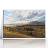 Acrylic print of Grand Tetons scenery in muted earth tones, framed in white, suitable for modern art wall decor.