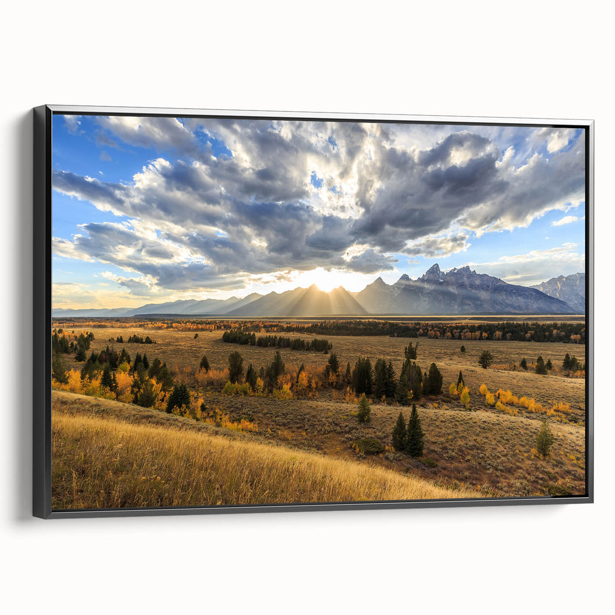 Black and white framed canvas of the Grand Tetons landscape, ideal for bedroom wall art.
