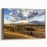 Framed canvas of Grand Tetons landscape in muted earth tones, ideal for bedroom wall art.