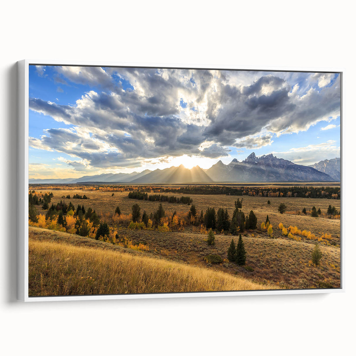 Vintage poster art of the Grand Tetons with a colorful palette, framed canvas, ideal for living room decor.