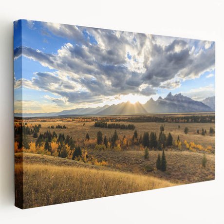 A stretched canvas featuring a realistic depiction of the Grand Tetons in Wyoming.