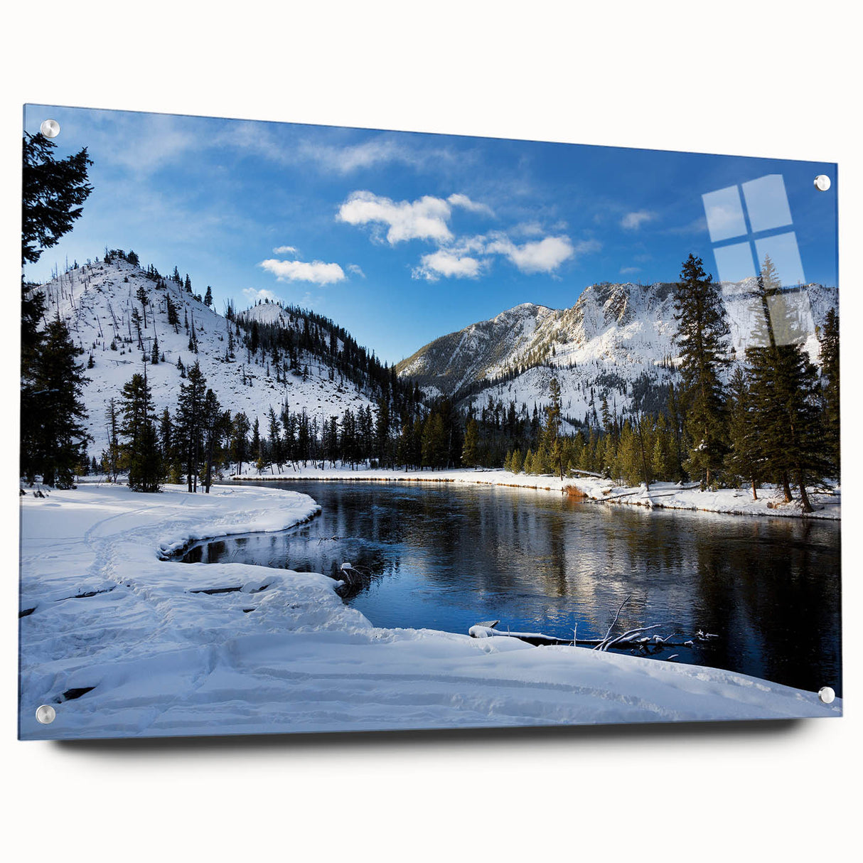Acrylic print of Yellowstone scenery with vibrant green and blue tones, ideal for bedroom or dining room decor.