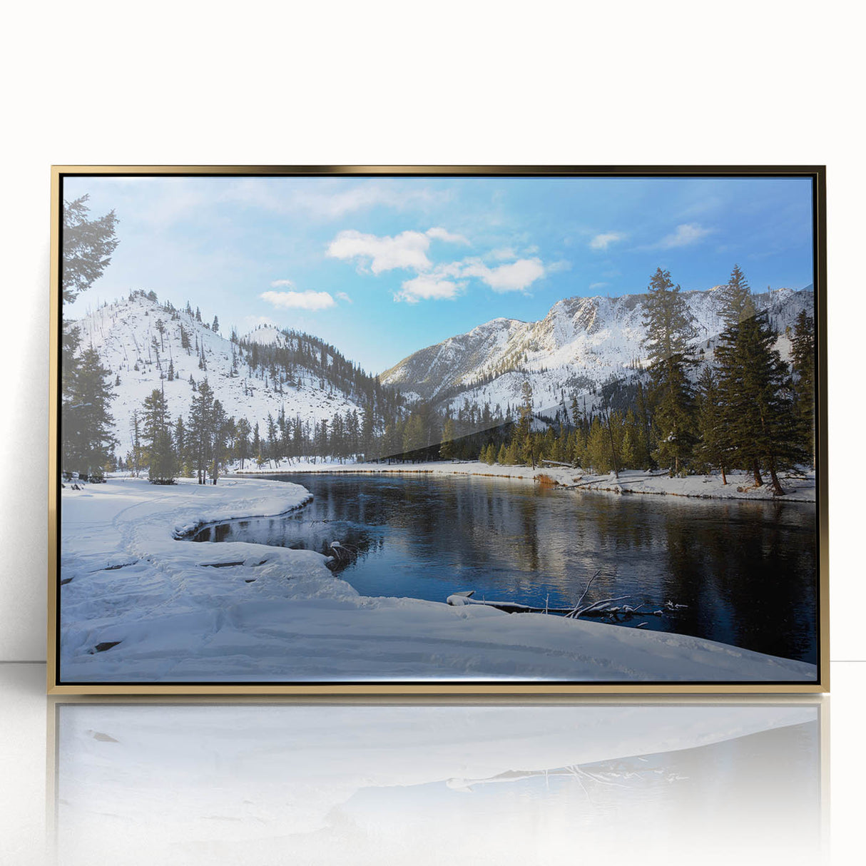 Large art print of Yellowstone scenery in vibrant gold and green tones on a framed acrylic, in a mid-century modernist style.
