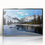 Mid-century modernist art of Yellowstone scenery in muted earth tones on a framed acrylic, suitable for nursery wall art.