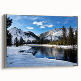 Framed canvas of Yellowstone landscape painting with vivid colors and silver frame, ideal for living room decor.