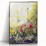 Mid-century modernist art depicting spring with pastel colors on a silver-framed acrylic, ideal for nursery wall art.