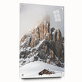 Large abstract wall art on acrylic glass depicting winter, in muted blue and white tones.