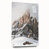 Large abstract wall art on acrylic glass depicting winter, in muted blue and white tones.