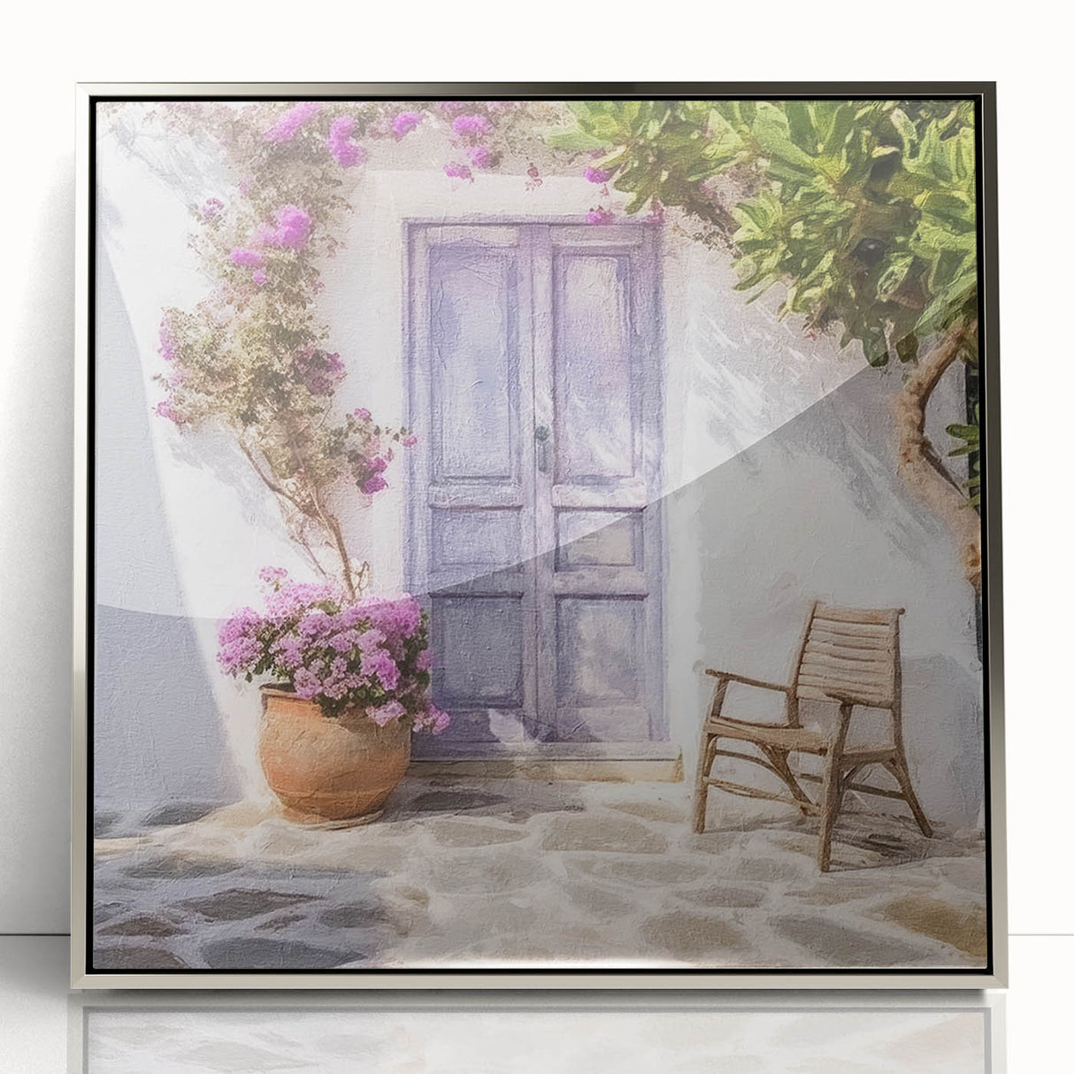 Mid-century modernist art depicting a Greek door architecture in silver framed acrylic, ideal for modern art wall decor.