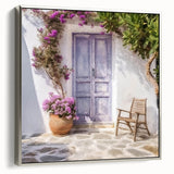 Framed canvas of a vintage black and colorful Greek door architecture, ideal for adding character to a living room.