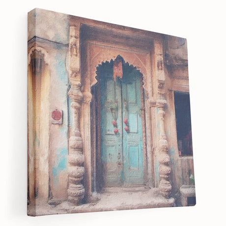 Side view of a large canvas depicting an Indian architecture door design in earth tones, suitable for kitchen wall art.