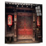 Large abstract wall art of a Japanese door design in muted beige and brown tones, acrylic print.