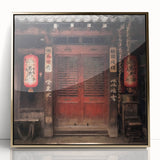Mid-century modernist Japanese door design in gold and black hues on framed acrylic, suitable for nursery wall art.
