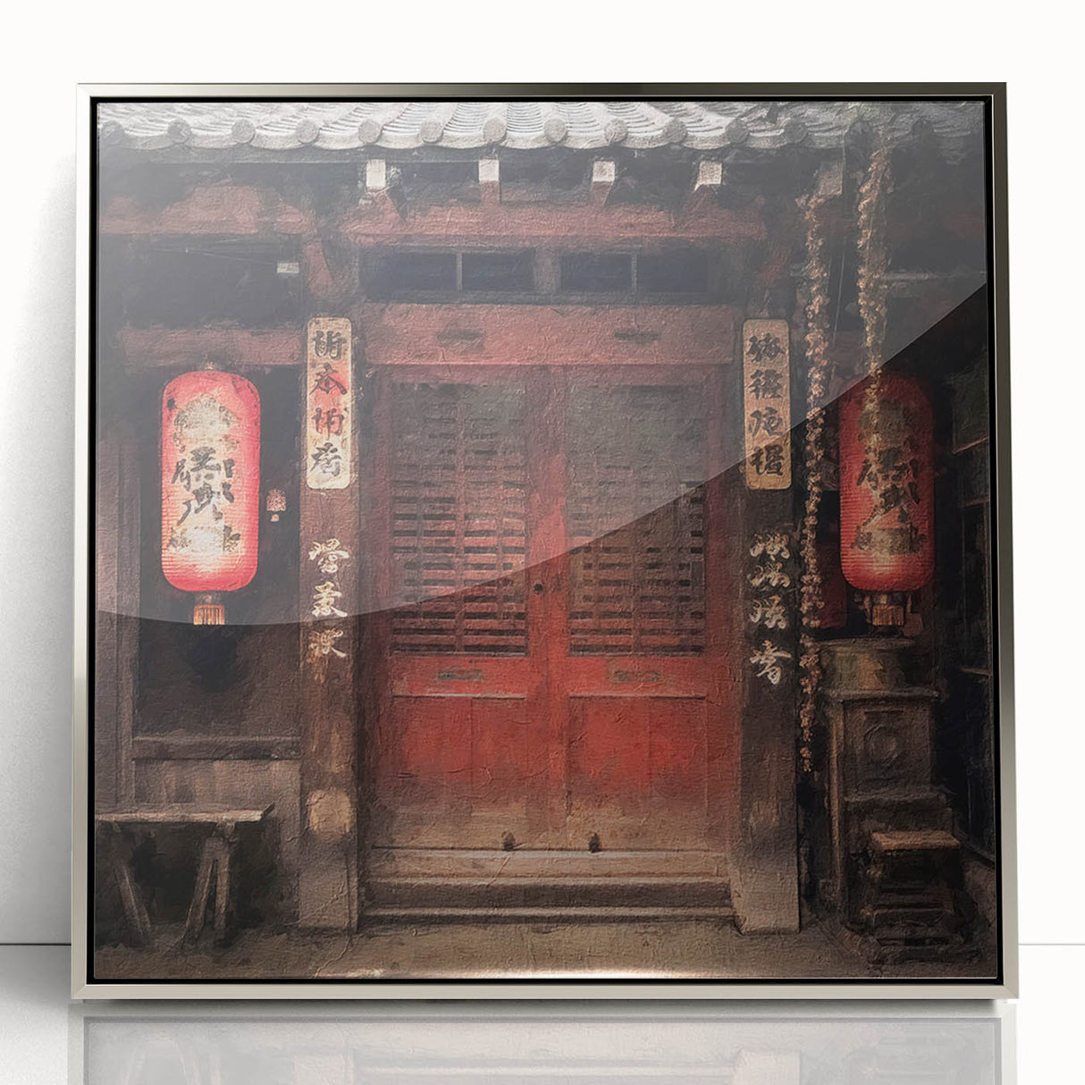 Mid-century modernist art depicting a Japanese architecture door in silver-framed acrylic, suitable for nursery wall art.