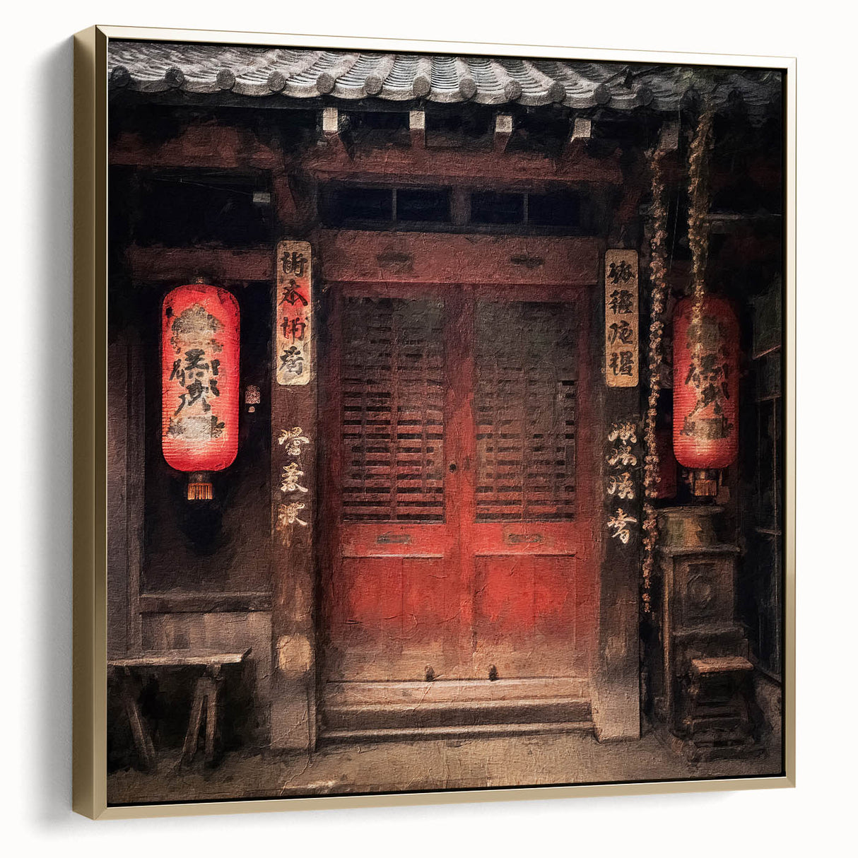 Framed canvas featuring a vintage Japanese door design in silver and gold tones, ideal for bedroom wall art.