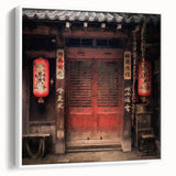 Framed canvas vintage poster art of a Japanese door in black with colorful accents, suitable for living room decor.