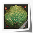 Colorful wall art print showcasing a vibrant floral and botanical design with lush green leaves, set against a glossy background. Ideal for home decor.