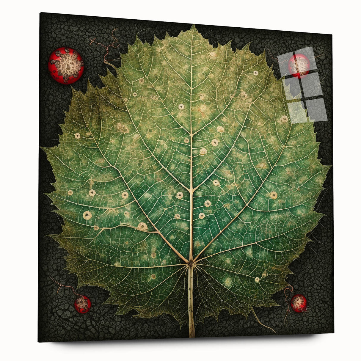 Acrylic glass wall art showcasing a vibrant floral and botanical design, displayed from a side view without pins, ideal for modern home decor.