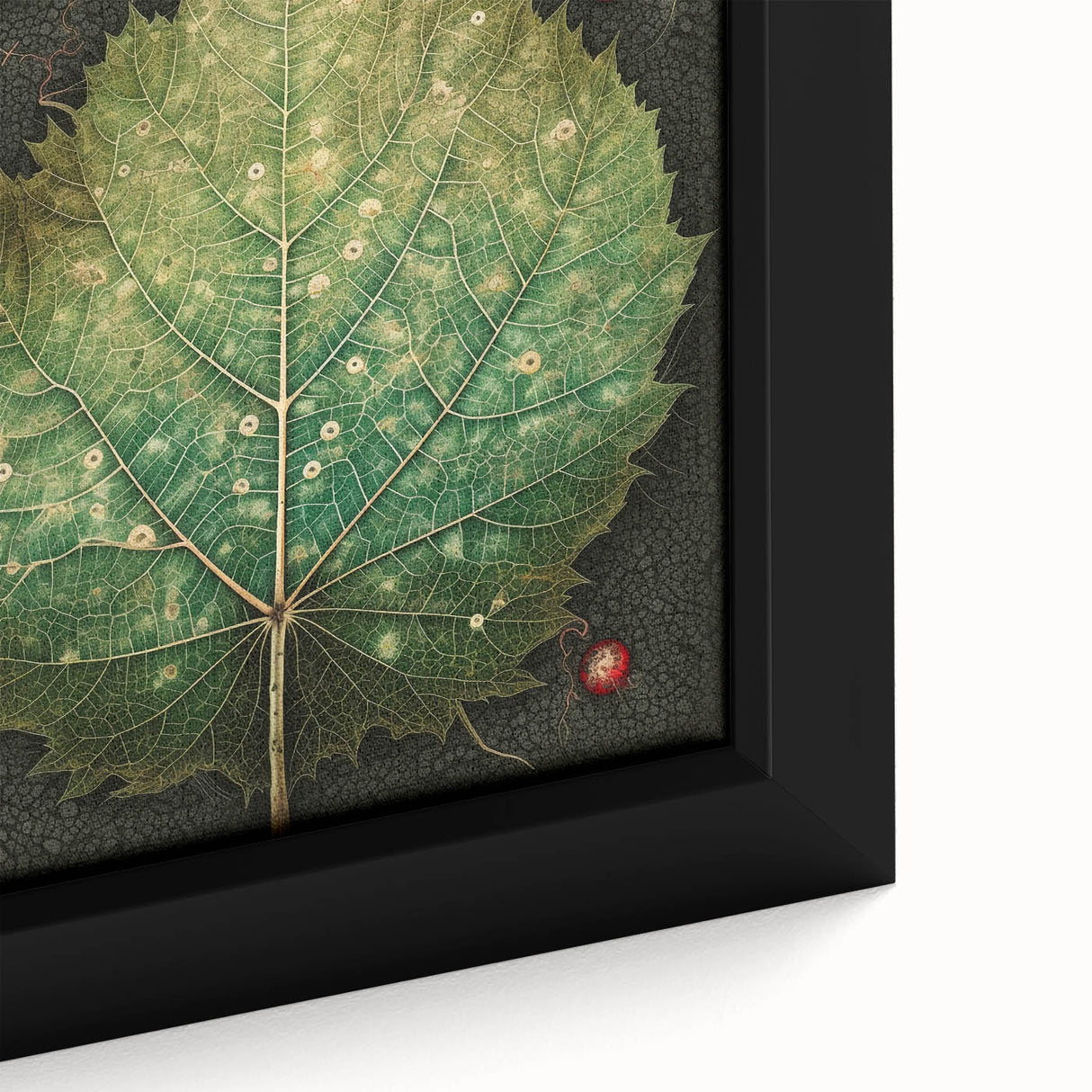 Close-up of a framed canvas wall art depicting vibrant floral and botanical leaves, showcasing intricate details and rich colors, perfect for home decor.