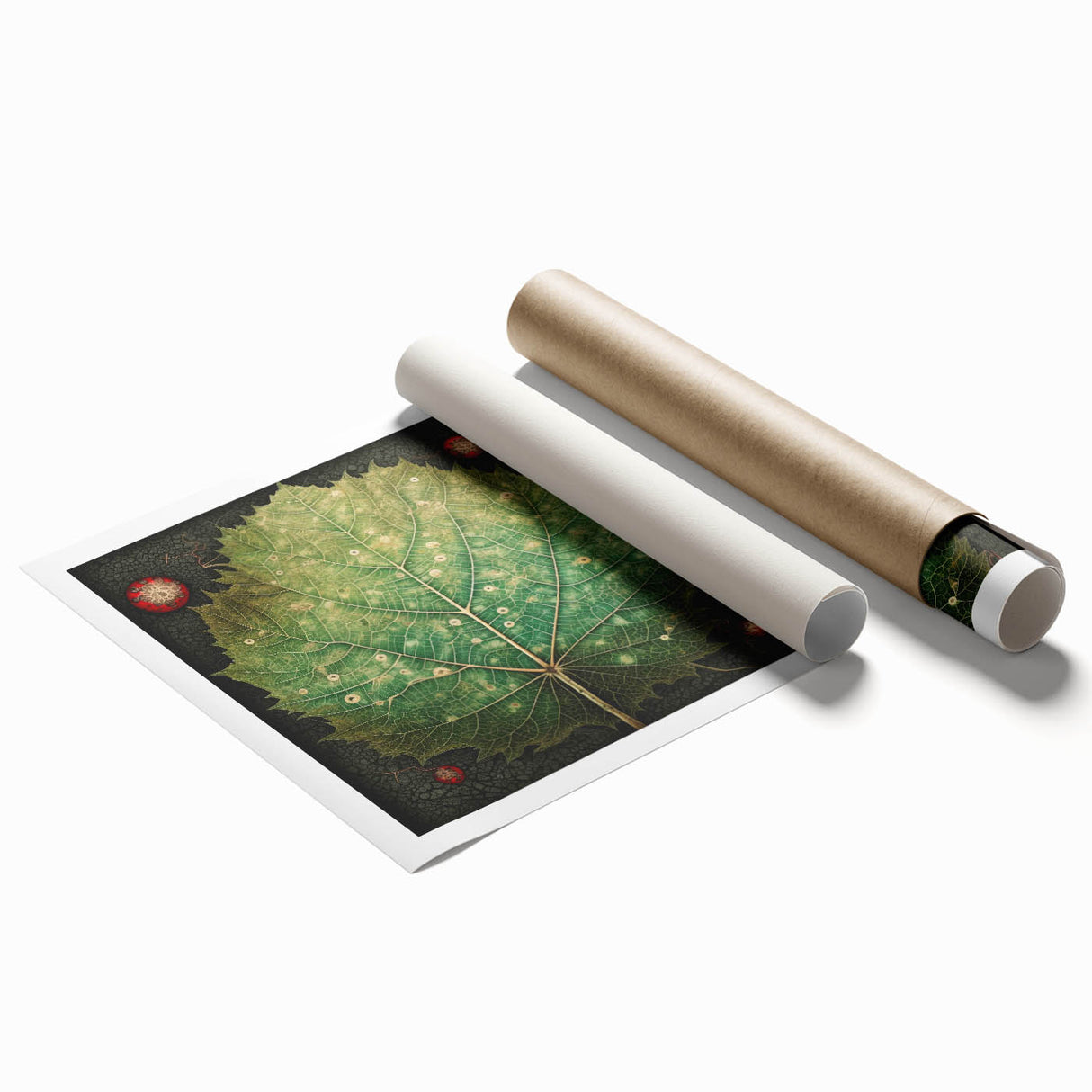 Floral and botanical wall art print showcasing vibrant, colorful flowers and leaves, rolled and secured in a protective cardboard tube, perfect for home decor.