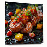 Acrylic glass print of various abstract food dishes in vibrant colors, suitable for dining room decor.