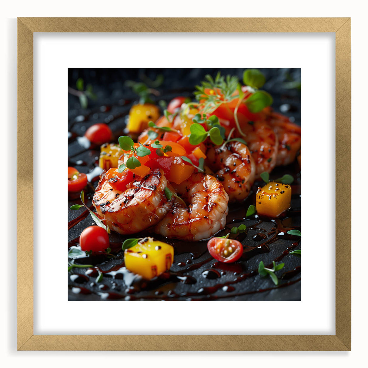 Extra large abstract art print featuring textured food dishes in muted earth tones, framed in gold.
