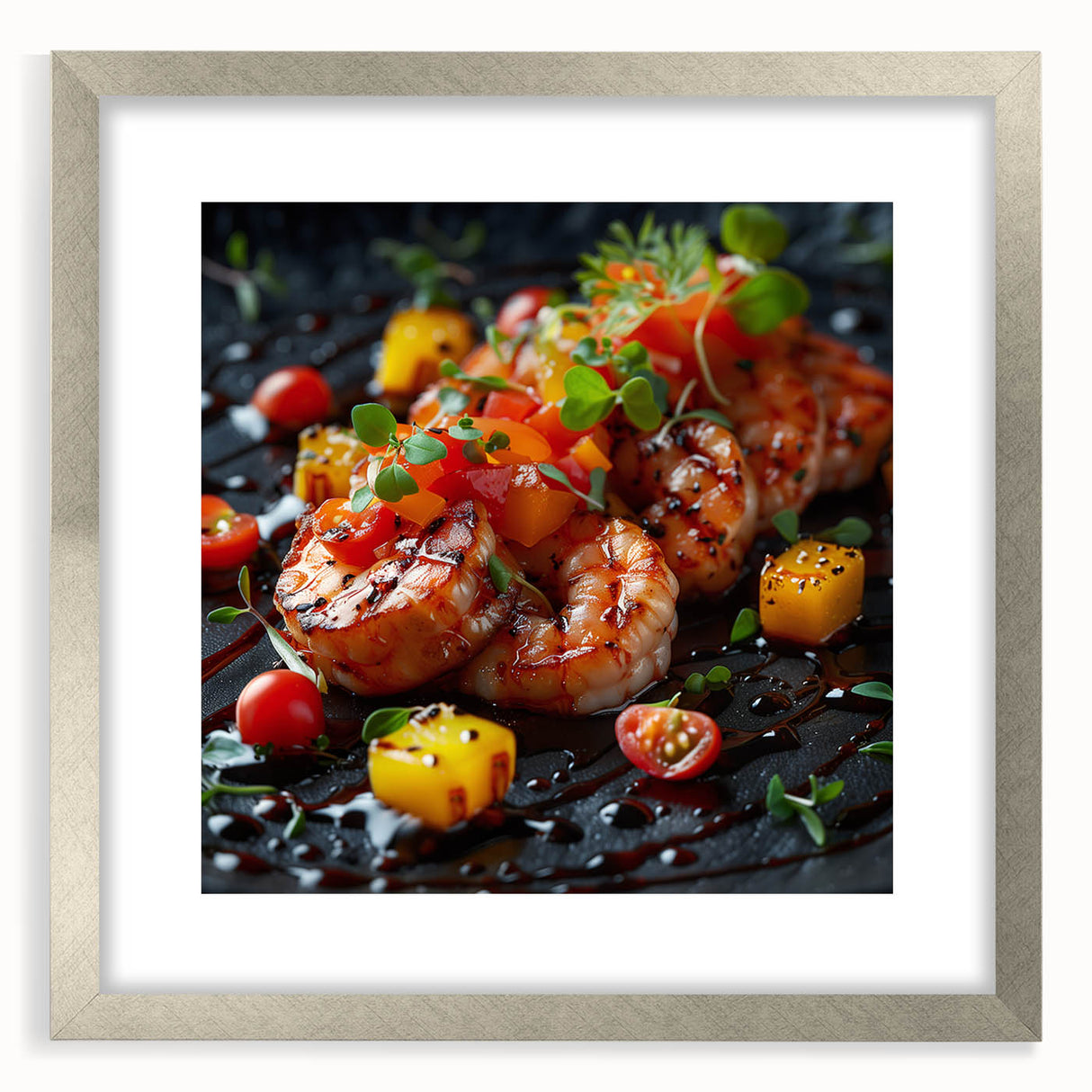 Textured art print of abstract food dishes in muted earth tones, framed in silver, suitable for bedroom art.