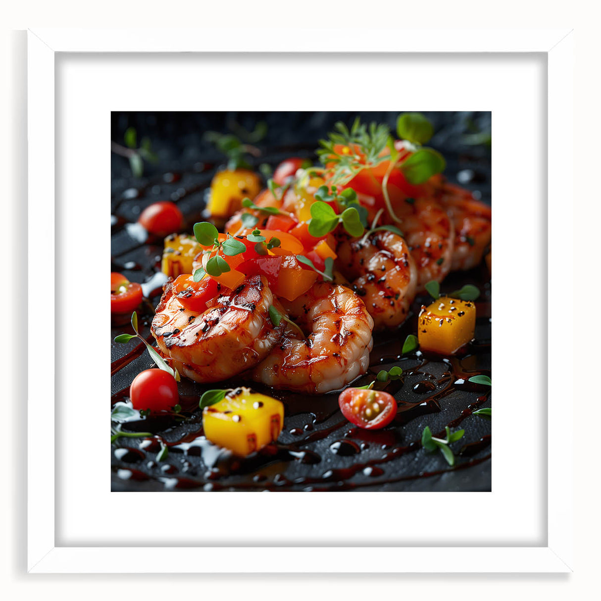 Abstract art print of assorted food dishes in muted earth tones on a white framed mat, suitable for dining room decor.