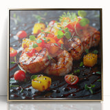 Framed acrylic print featuring assorted mid-century modernist food dishes in muted earth tones.