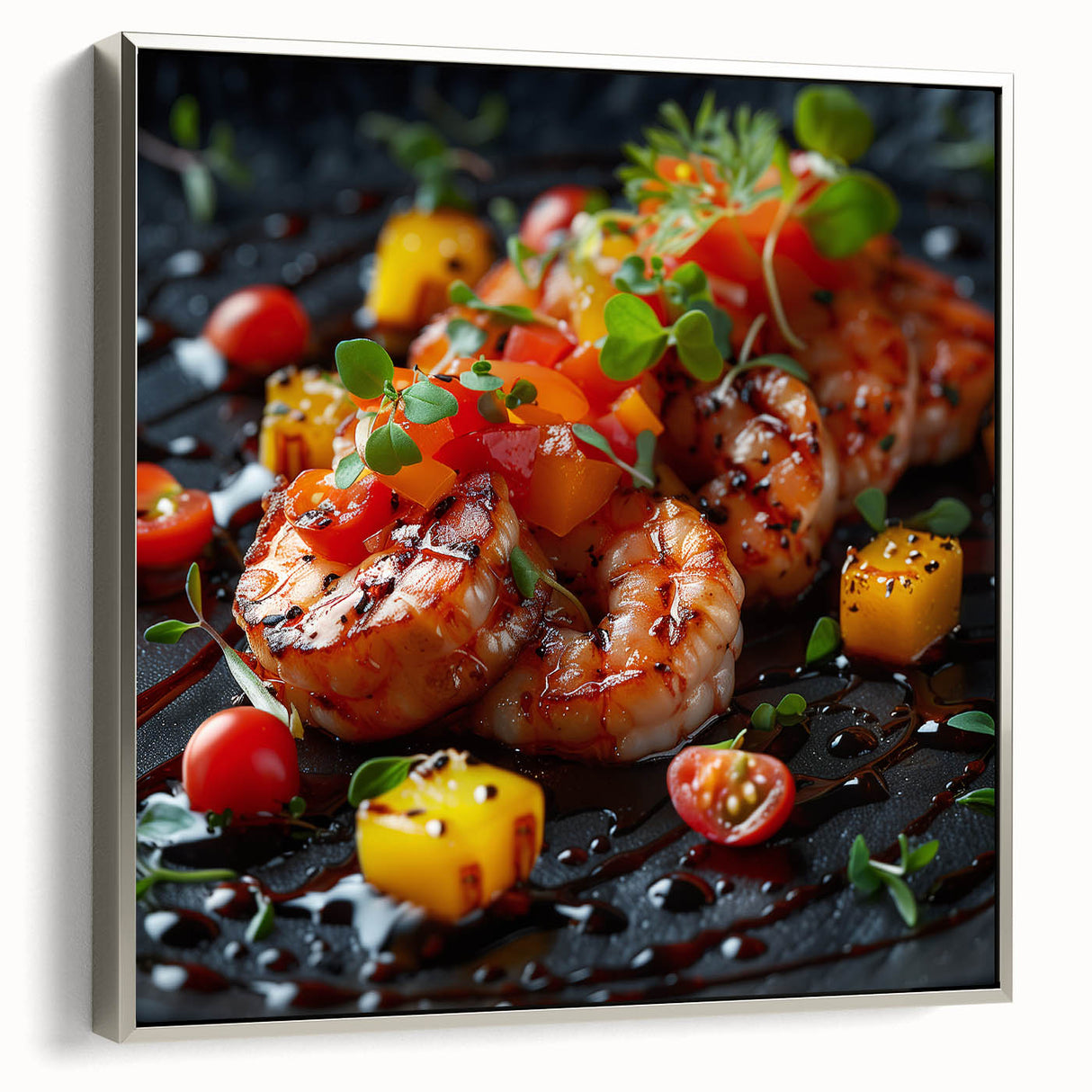 Framed canvas featuring a vintage poster of colorful landscape art paintings, ideal for dining room decor.