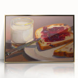 Large art print of assorted pastries in soft pastel shades, framed in gold acrylic, in a mid-century modernist style.