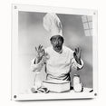 Large abstract wall art on acrylic glass depicting colorful food and people, ideal for dining room decor.