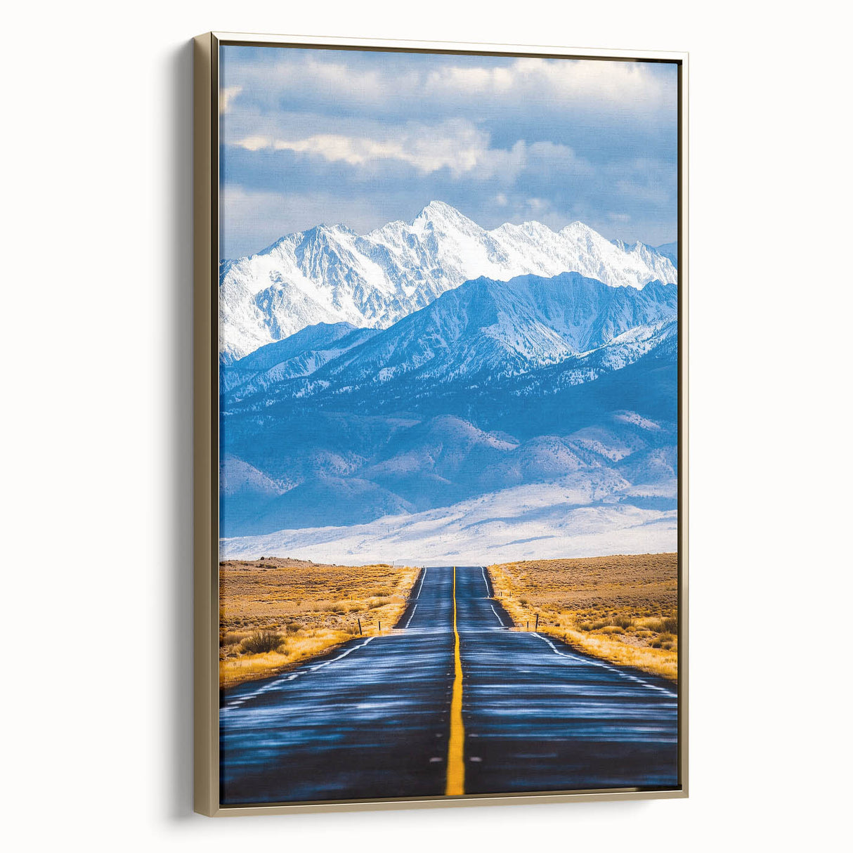 Framed landscape canvas art with a gold frame, showcasing vibrant colors and intricate details, ideal for enhancing home decor and artistic ambiance.