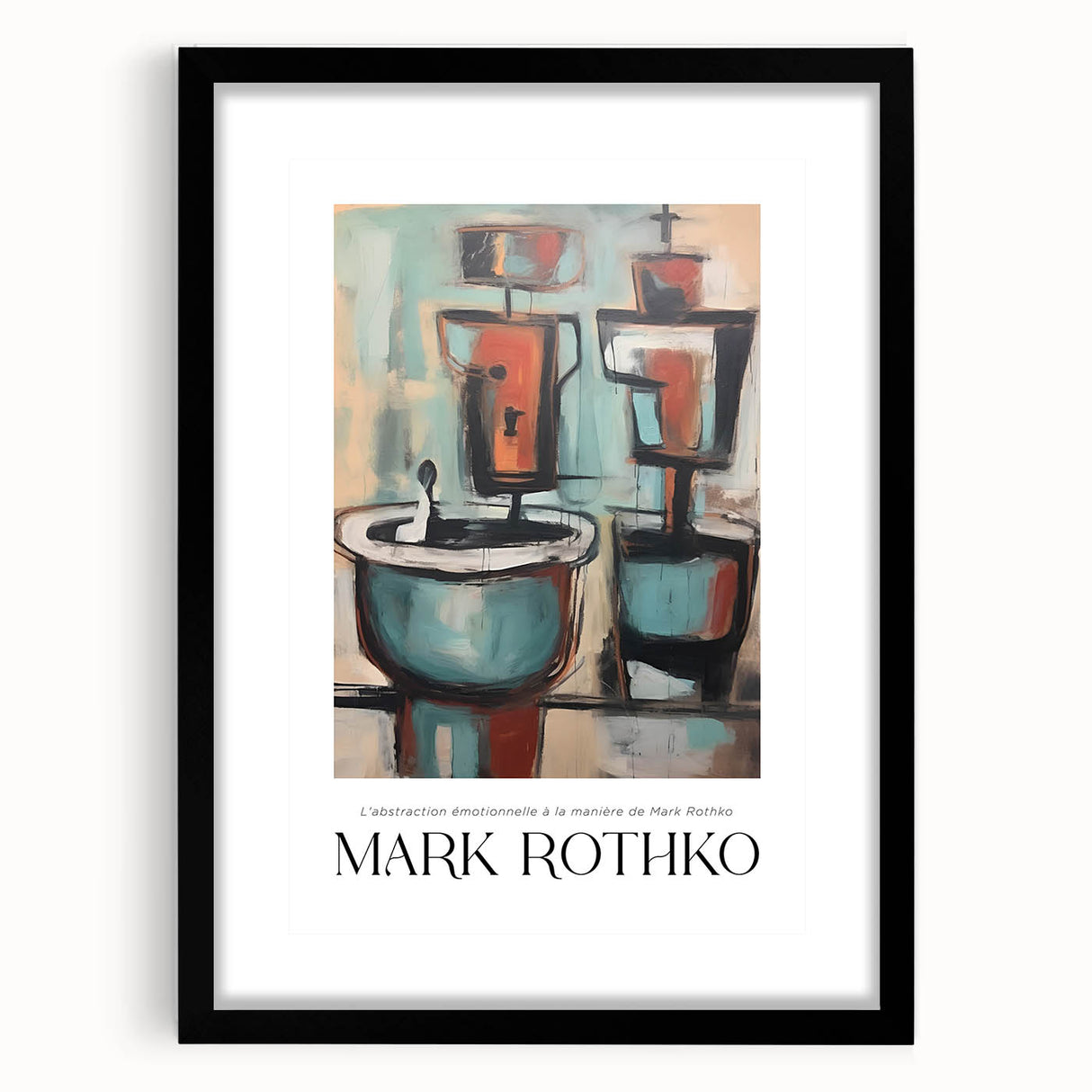 Extra large abstract art print with vibrant blue and red hues on a textured canvas, framed in black.