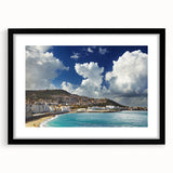 Extra large abstract art print of colorful textured scenery, framed in black, ideal for living room decor.