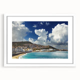 Extra large abstract art print depicting an Algerian landscape in textured earth tones, framed in white.