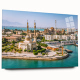 Large abstract wall art depicting an Egyptian scene in muted earth tones, printed on acrylic glass.