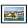 Extra large abstract art print of colorful, textured Egyptian scenery on a black framed canvas, ideal for living room decor.